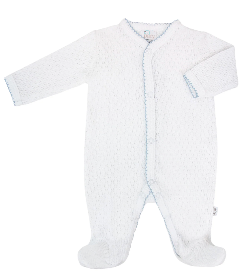 Paty Knit Footie - White with Blue Trim